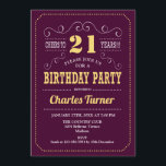 Invitation Fête du 21e anniversaire - Or Bourgogne<br><div class="desc">Invitation de fête du 21e anniversaire. Elégant vin de marsala bordeaux et design rétro or jaune avec police de script. Salut à 21 ans ! Message-moi si vous avez besoin d'une personnalisation plus poussée.</div>