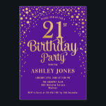 Invitation Fête du 21e anniversaire - Purple & Gold<br><div class="desc">Invitation de fête du 21e anniversaire. Design élégant en or violet royal et faux parties scintillant. Comprend des polices de caractères et des confettis stylisés. Message-moi si vous avez besoin d'âge personnalisé.</div>