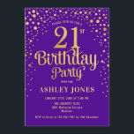 Invitation Fête du 21e anniversaire - Purple & Gold<br><div class="desc">Invitation de fête du 21e anniversaire. Design élégant en or violet royal et faux parties scintillant. Comprend des polices de caractères et des confettis stylisés. Message-moi si vous avez besoin d'âge personnalisé.</div>
