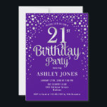 Invitation Fête du 21e anniversaire - Purple & Silver<br><div class="desc">Invitation de fête du 21e anniversaire. Design élégant en violet royal et argent faux parties scintillant. Comprend des polices de caractères et des confettis stylisés. Message-moi si vous avez besoin d'âge personnalisé.</div>