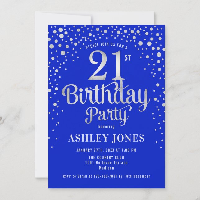 Invitation Fête du 21e anniversaire - Royal Blue & Silver (Devant)