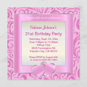 Invitation fête du 21e anniversaire Verr rose, argent et bla