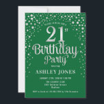 Invitation Fête du 21e anniversaire - Vert & Argent<br><div class="desc">Invitation de fête du 21e anniversaire. Design élégant dans la forêt émeraude vert et faux argent parties scintillant. Comprend des polices de caractères et des confettis stylisés. Message-moi si vous avez besoin d'âge personnalisé.</div>