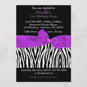 Invitation Fête du 21e anniversaire, Zèbre, blanc violet noir
