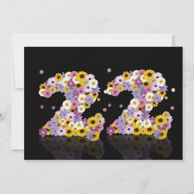 Invitation Fête du 22e anniversaire, avec des lettres fleurie (Devant)