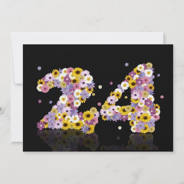 Invitation Fête du 24e anniversaire, avec des lettres fleurie (Devant)