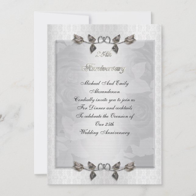 Invitation fête du 25e anniversaire argent roses formels (Devant)