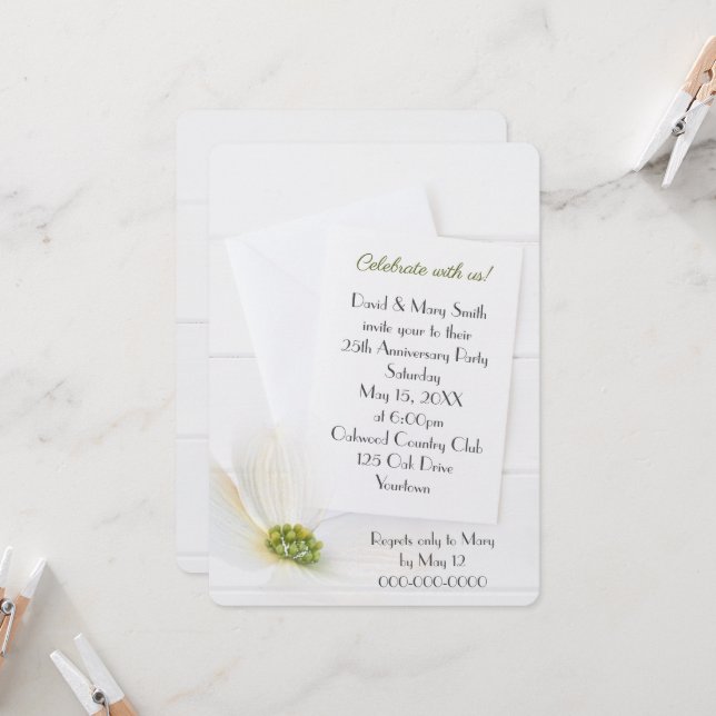 Invitation Fête du 25e Anniversaire Blanc Cosmos sur Bois Bla (Devant/Arrière en situation)