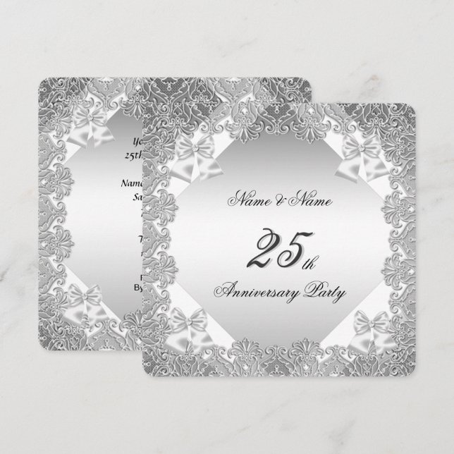 Invitation Fête du 25e Anniversaire Blanc Lace Argenté (Devant / Derrière)