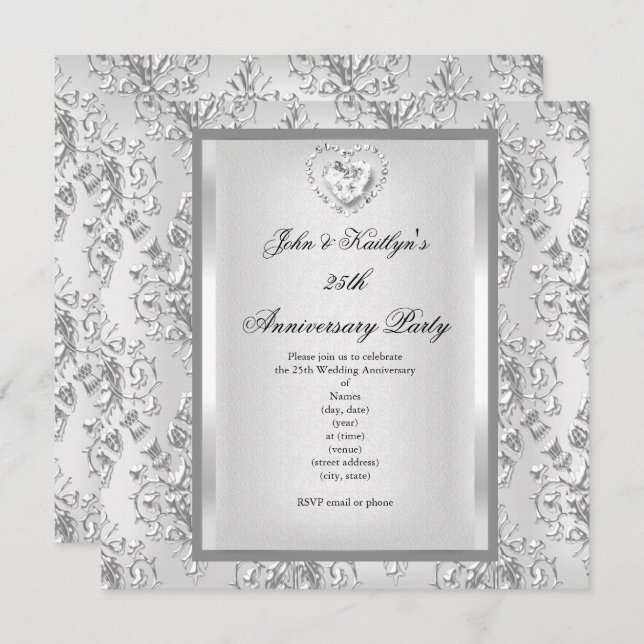 Invitation Fête du 25e anniversaire Damask Argent blanc 2 (Devant / Derrière)