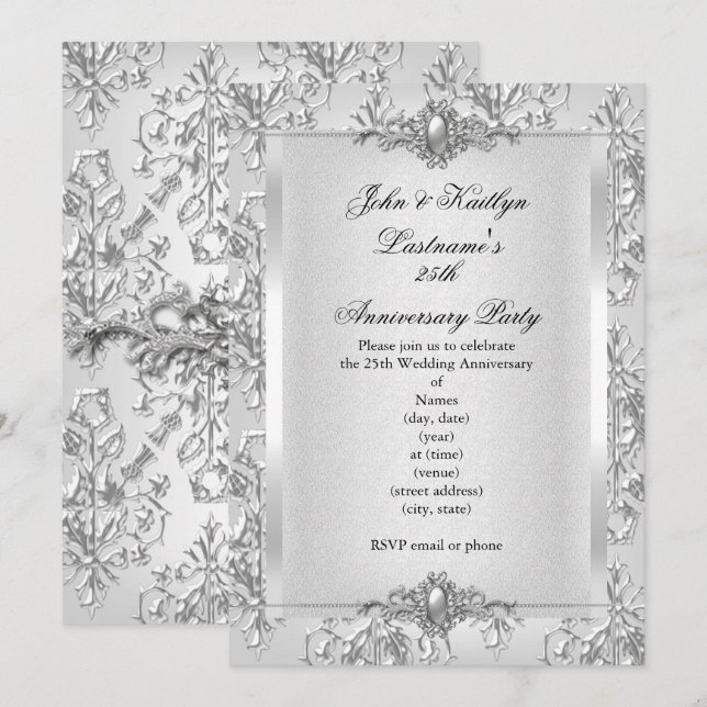 Invitation Fête du 25e Anniversaire Damask Argent Blanc Petit (Devant / Derrière)