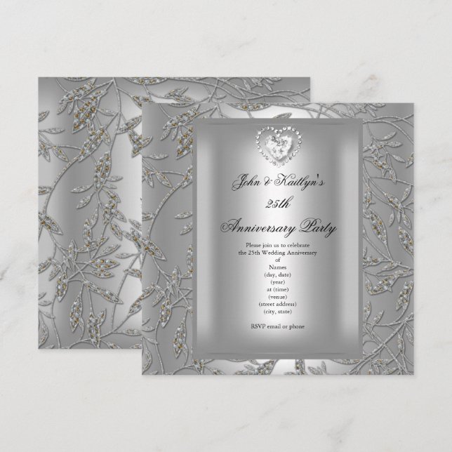 Invitation Fête du 25e Anniversaire Damask Argent Gris (Devant / Derrière)