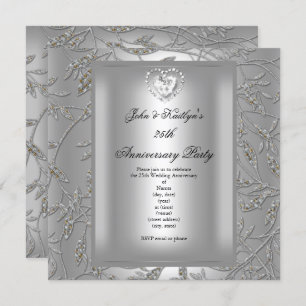 Invitation Fête du 25e anniversaire Damask Silver Grey