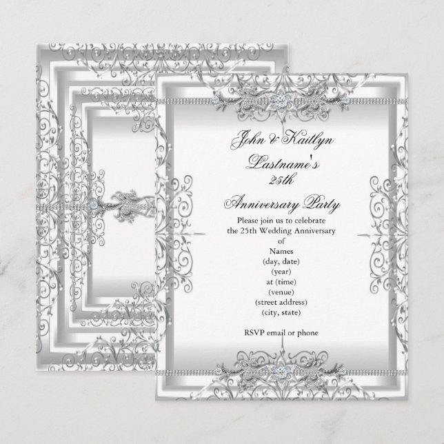 Invitation Fête du 25e Anniversaire Damassé Argent Blanc (Devant / Derrière)