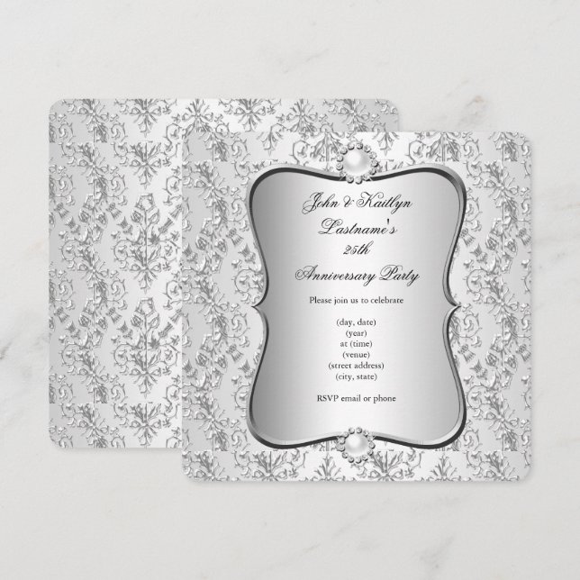 Invitation Fête du 25e Anniversaire Damassé Argent Blanc (Devant / Derrière)