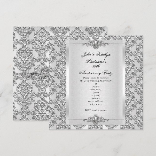 Invitation Fête du 25e Anniversaire Damassé Argent Blanc (Devant / Derrière)