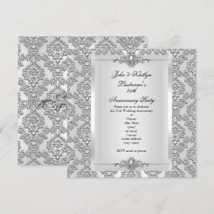 Invitation Fête du 25e Anniversaire Damassé Argent Blanc
