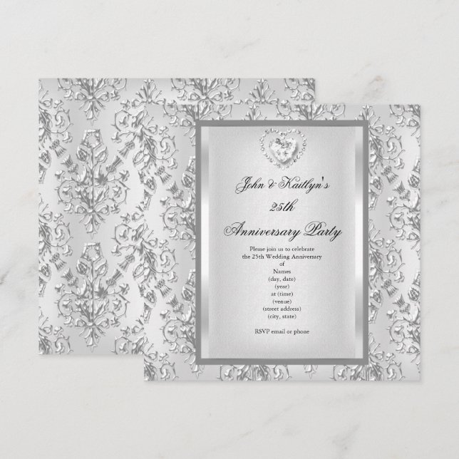 Invitation Fête du 25e Anniversaire Damassé Argent Blanc 2 (Devant / Derrière)