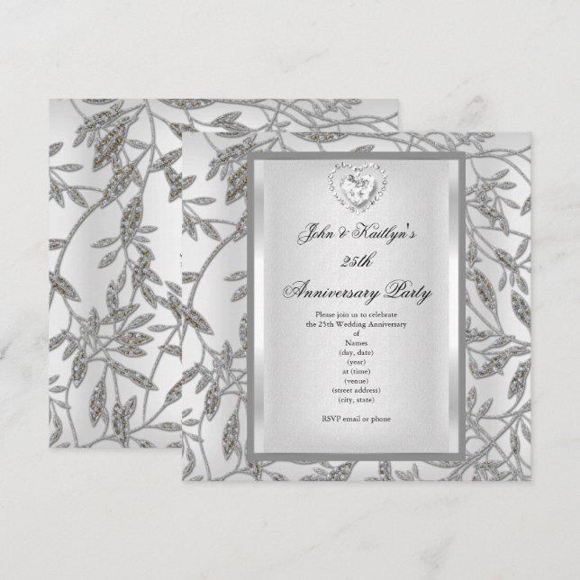 Invitation Fête du 25e Anniversaire Damassé Argenté Blanc (Devant / Derrière)