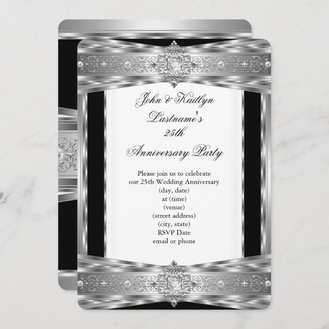 Invitation Fête du 25e Anniversaire Damassé Diamant Argent No (Devant / Derrière)