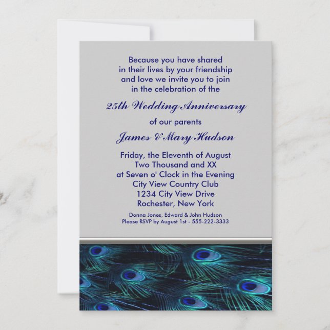 Invitation Fête du 25e anniversaire de mariage de paon (Devant)