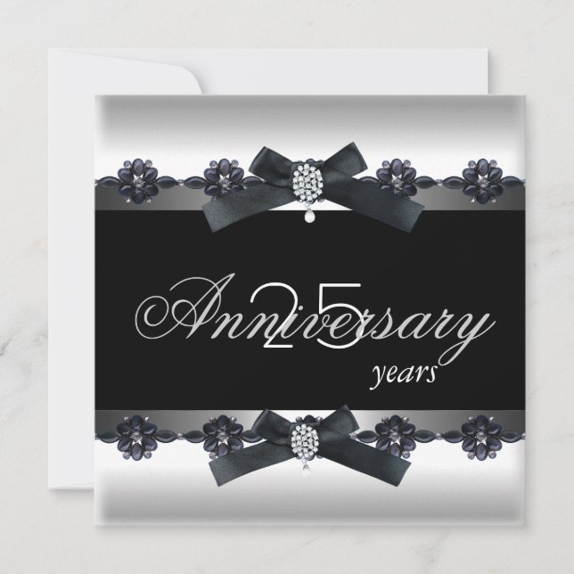 Invitation Fête du 25e Anniversaire Diamant Noir Blanc Argent (Devant)