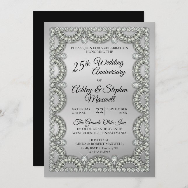 Invitation Fête du 25e anniversaire du Mariage Argent et Diam (Devant / Derrière)