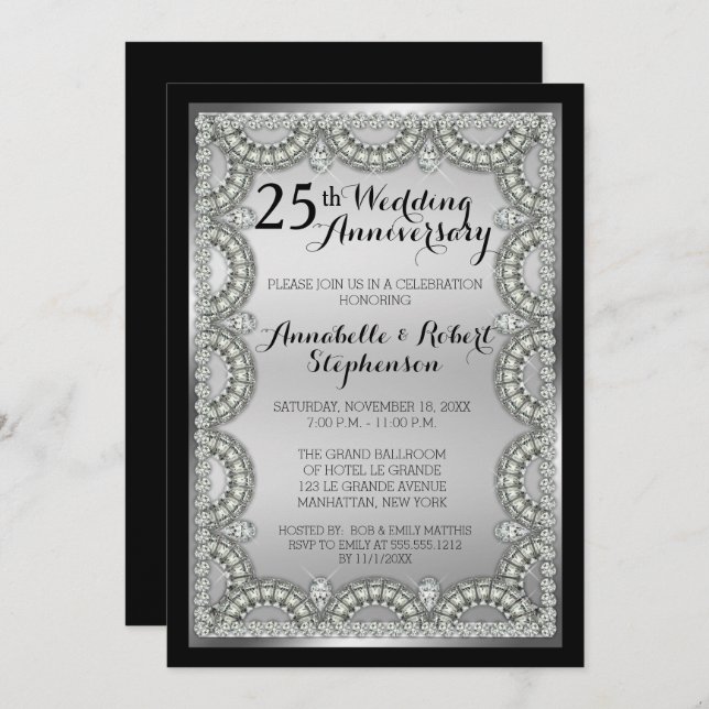 Invitation Fête du 25e anniversaire du Mariage Argent et Diam (Devant / Derrière)