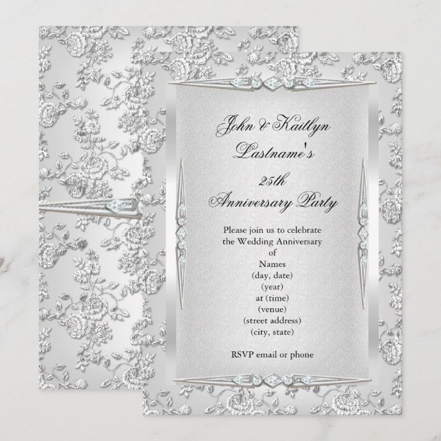Invitation Fête du 25e Anniversaire Rose Damask Silver White (Devant / Derrière)