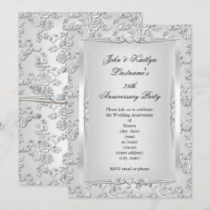 Invitation Fête du 25e Anniversaire Rose Damassé Argent Blanc