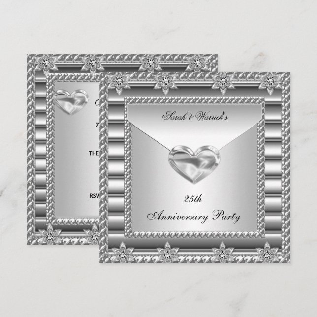 Invitation Fête du 25e anniversaire Silver White Heart Jewel  (Devant / Derrière)