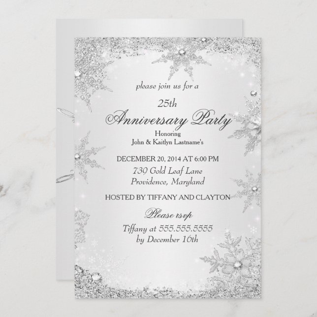 Invitation Fête du 25e Anniversaire Silver Winter Wonderland (Devant / Derrière)