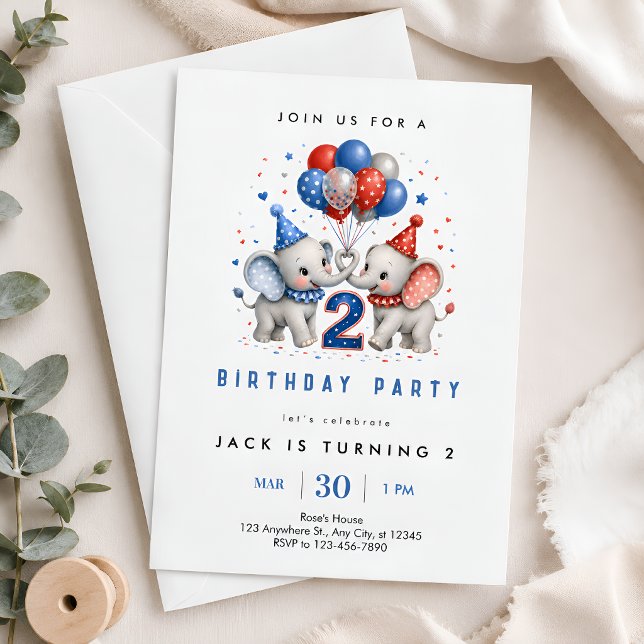 Invitation Fête du 2e anniversaire de bébé éléphant (Créateur téléchargé)