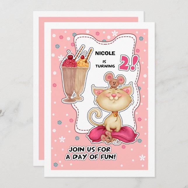 Invitation Fête du 2ème anniversaire | Fun Kitty & Mice Perso (Devant / Derrière)