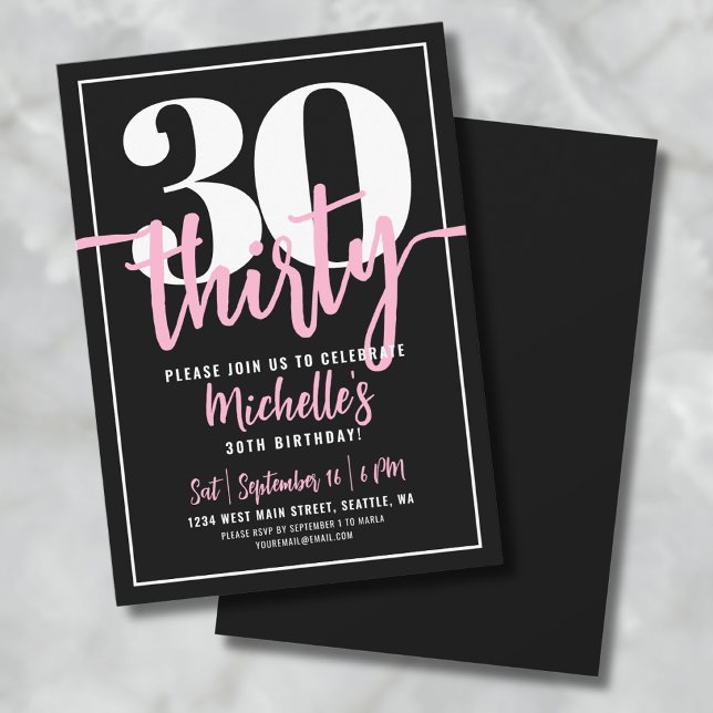 Invitation Fête du 30e anniversaire de Script Black (Modern Black 30th Birthday Party Invitation )