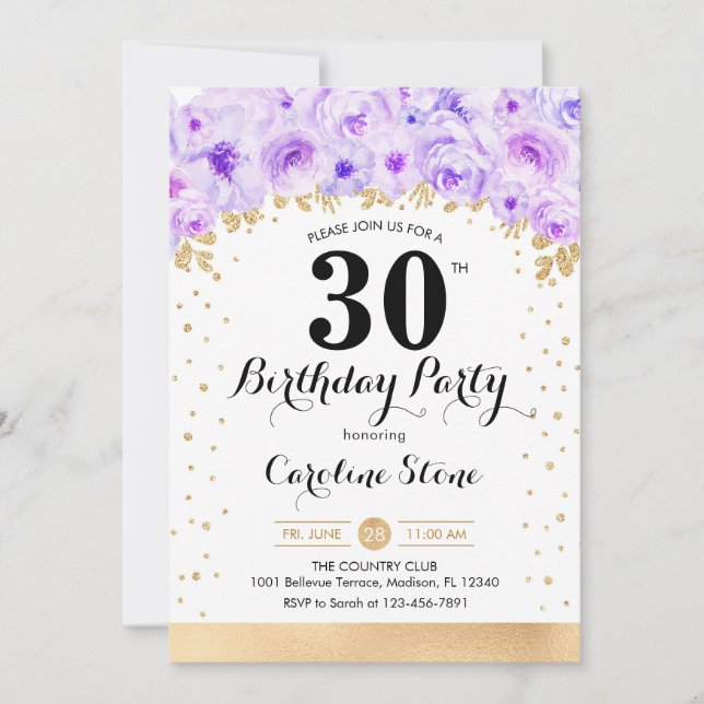 Invitation Fête du 30e anniversaire - Gold Purple Flowers (Devant)