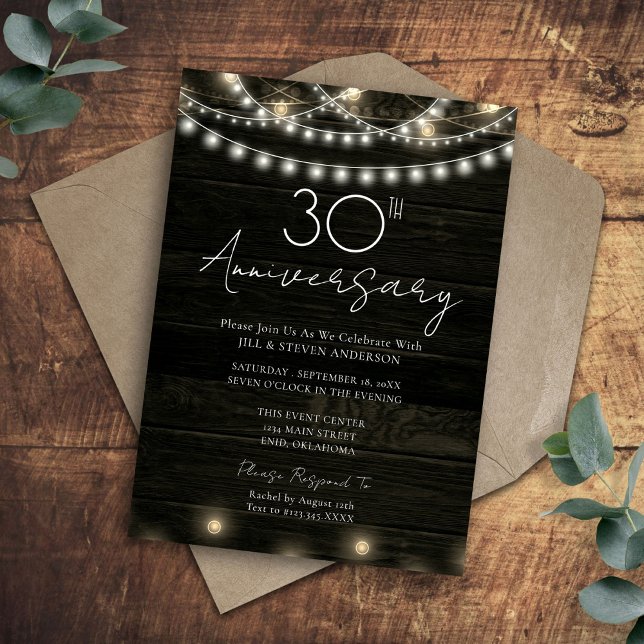 Invitation Fête du 30e anniversaire Lumières en bois rustique (Créateur téléchargé)