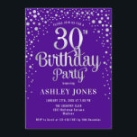 Invitation Fête du 30e anniversaire - Purple & Silver<br><div class="desc">Invitation de fête du 30e anniversaire. Design élégant en violet royal et argent faux parties scintillant. Comprend des polices de caractères et des confettis stylisés. Message-moi si vous avez besoin d'âge personnalisé.</div>