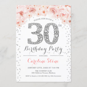 Invitation Fête du 30e anniversaire - Rose d'argent blanc