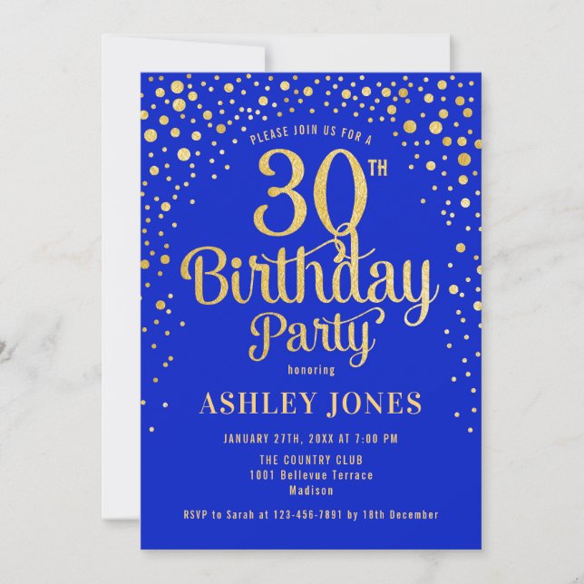 Invitation Fête du 30e anniversaire - Royal Blue & Gold (Devant)