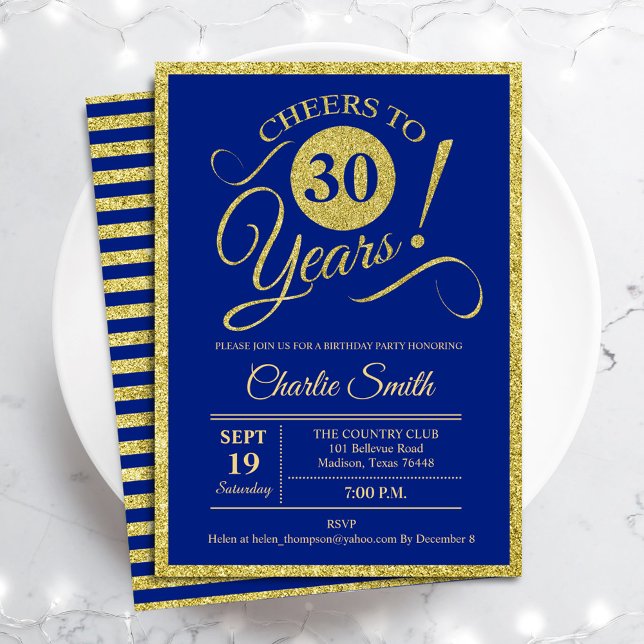 Invitation Fête du 30e anniversaire - TOUT AGE Royal Blue Gol (Créateur téléchargé)