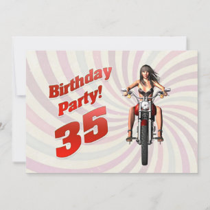 Invitation fête du 35e anniversaire avec une fille sur une mo
