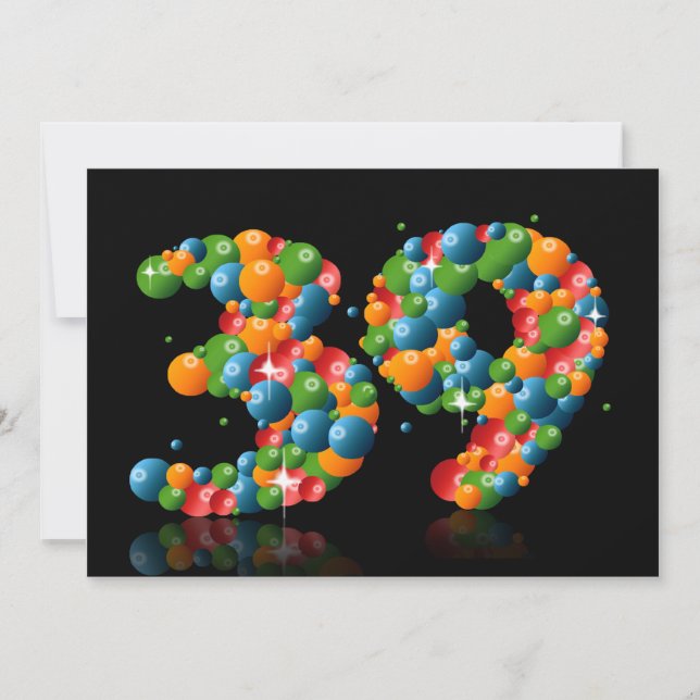 Invitation Fête du 39e anniversaire, avec bulles et balles (Devant)