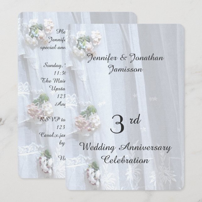 Invitation Fête du 3e anniversaire de mariage, dentelle vinta (Devant / Derrière)