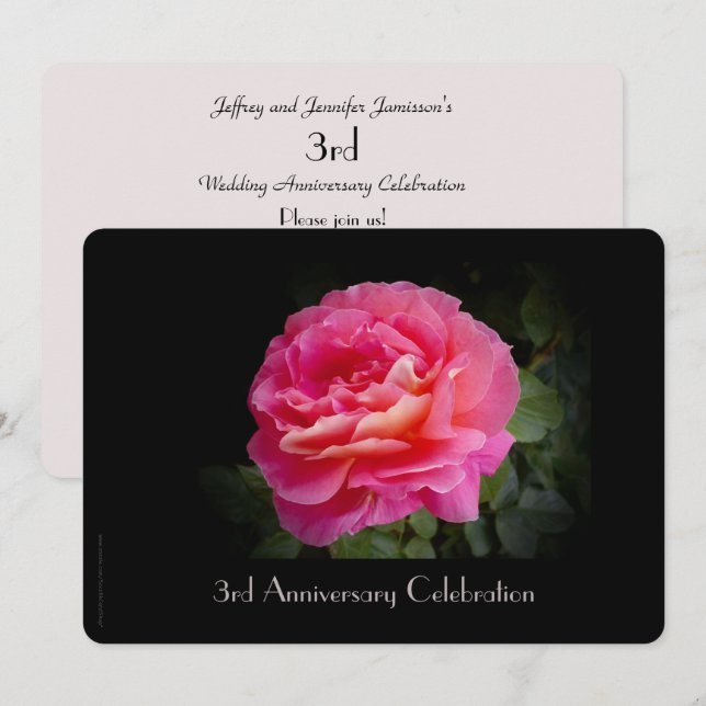 Invitation Fête du 3e anniversaire de mariage Rose élégante e (Devant / Derrière)