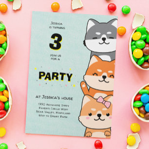 Invitation Fête du 3ème anniversaire adorable Shiba Inu trois