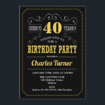 Invitation Fête du 40e anniversaire - Black Gold White<br><div class="desc">Invitation à la fête du 40e anniversaire. Design élégant noir,  or,  blanc rétro avec motif de tableau noir et police de script. Bravo à 40 ans ! Message-moi si vous avez besoin d'une personnalisation plus poussée.</div>