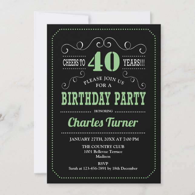 Invitation Fête du 40e anniversaire - Black Green (Devant)