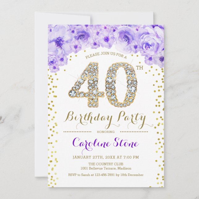 Invitation Fête du 40e anniversaire - Blanc Gold violet (Devant)