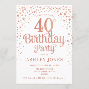 Invitation Fête du 40e anniversaire - Blanc & Rose Gold